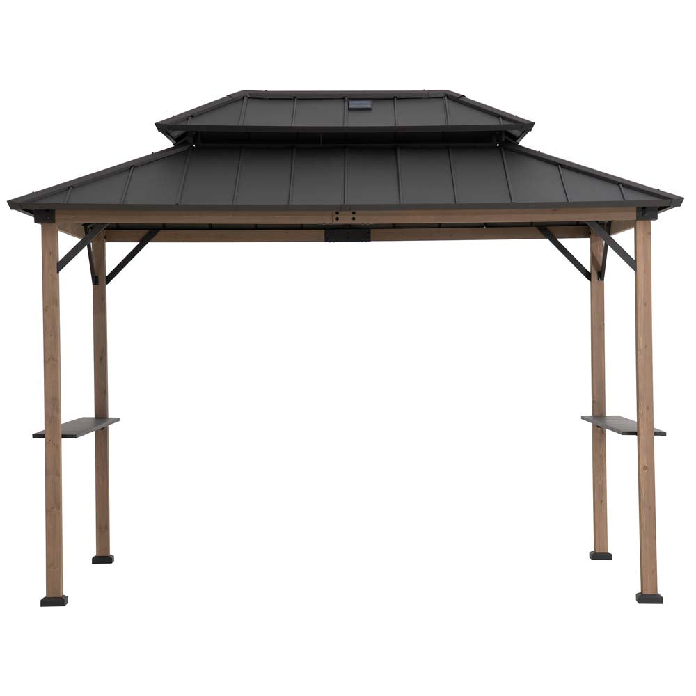SUNJOY Grill Gazebo, 8x12 Cedar Frame Hardtop Gazebo with Solar Power and Shelves