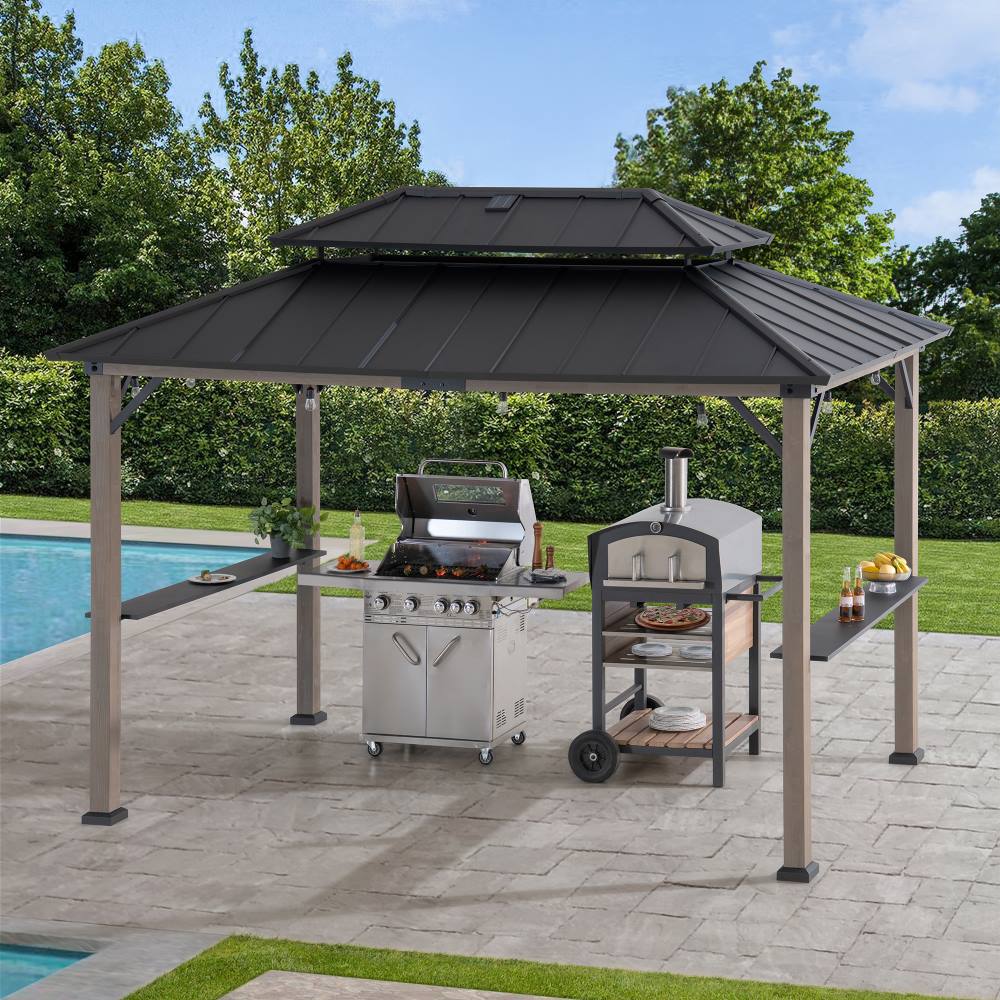 SUNJOY Grill Gazebo, 8x12 Cedar Frame Hardtop Gazebo with Solar Power and Shelves
