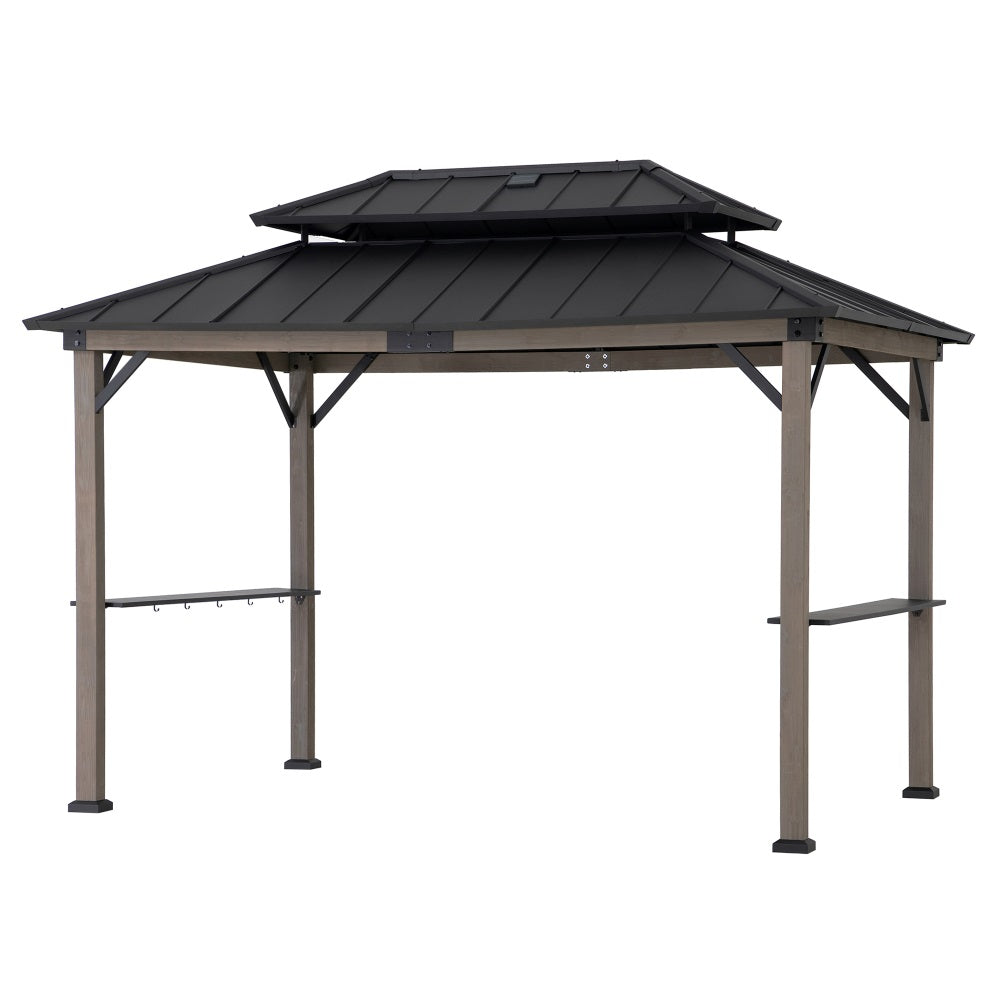 SUNJOY Grill Gazebo, 8x12 Cedar Frame Hardtop Gazebo with Solar Power and Shelves