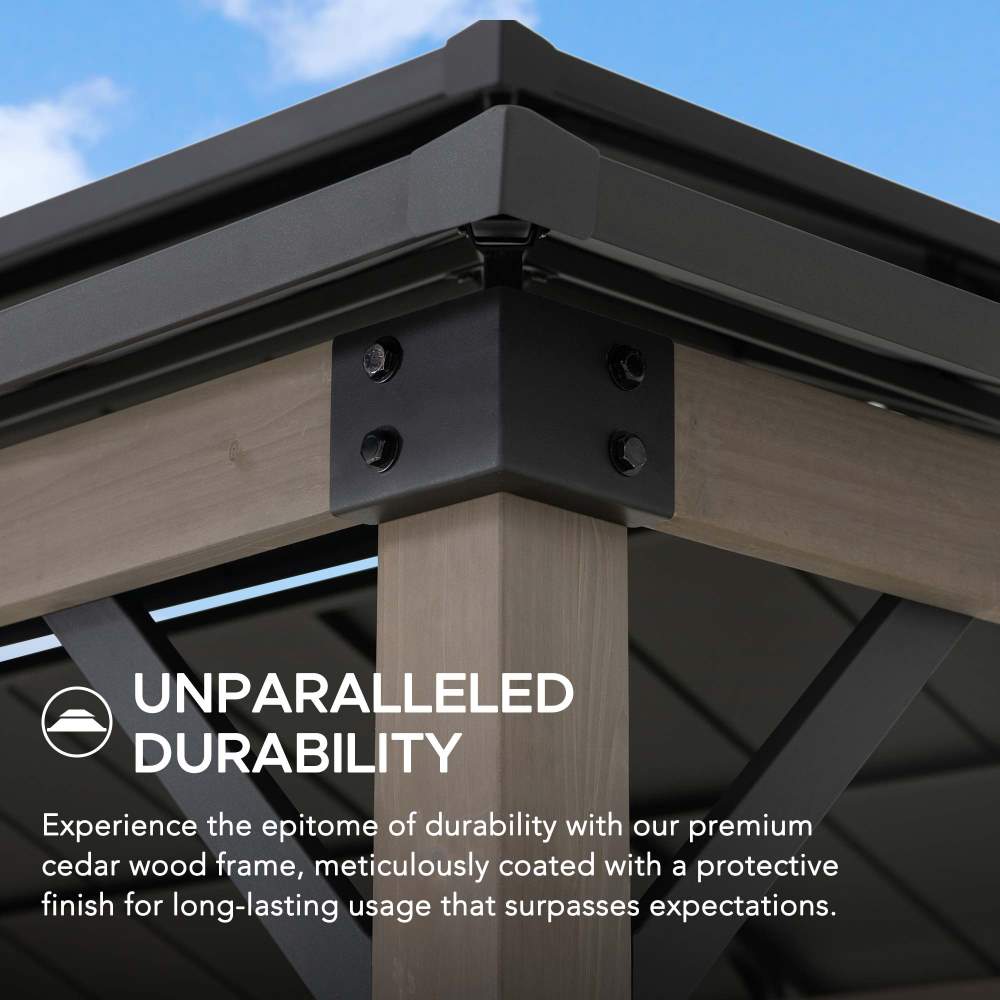 SUNJOY Grill Gazebo, 8x12 Cedar Frame Hardtop Gazebo with Solar Power and Shelves