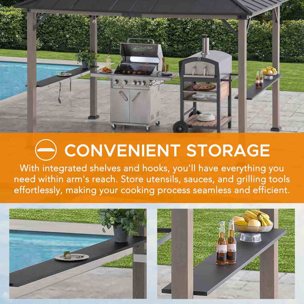 SUNJOY Grill Gazebo, 8x12 Cedar Frame Hardtop Gazebo with Solar Power and Shelves