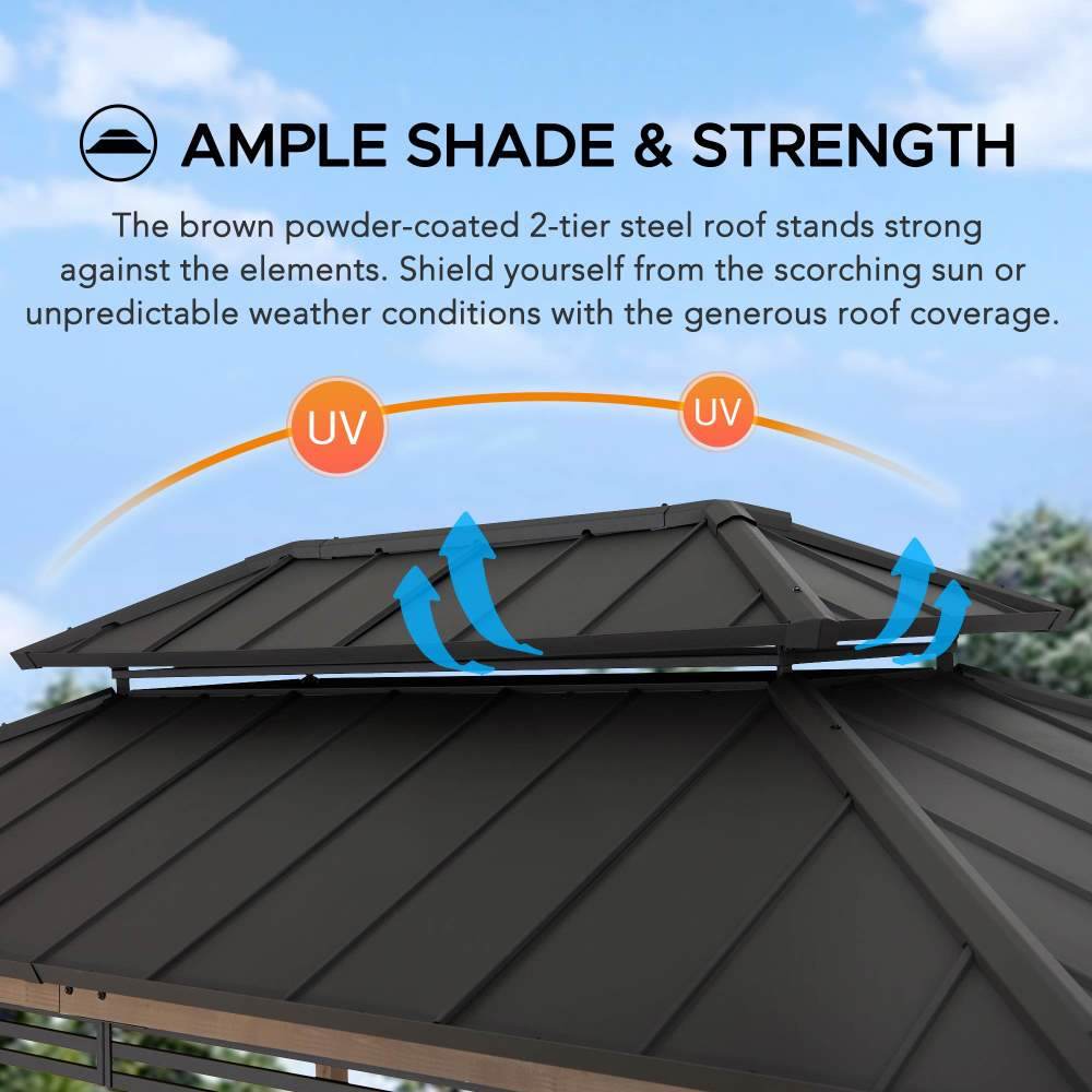 SUNJOY 8' x 12' Grill Gazebo, Wood Frame Hardtop Gazebo with Electrical Outlets and Shelves