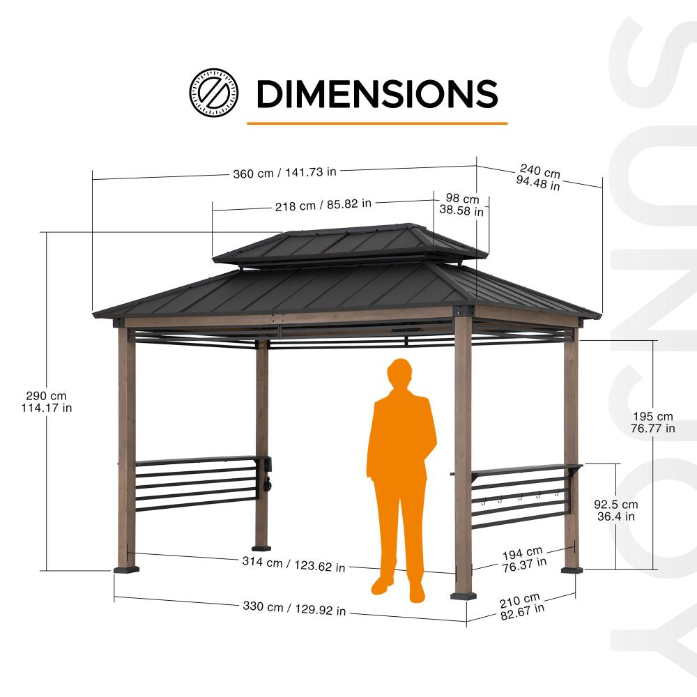 SUNJOY 8' x 12' Grill Gazebo, Wood Frame Hardtop Gazebo with Electrical Outlets and Shelves