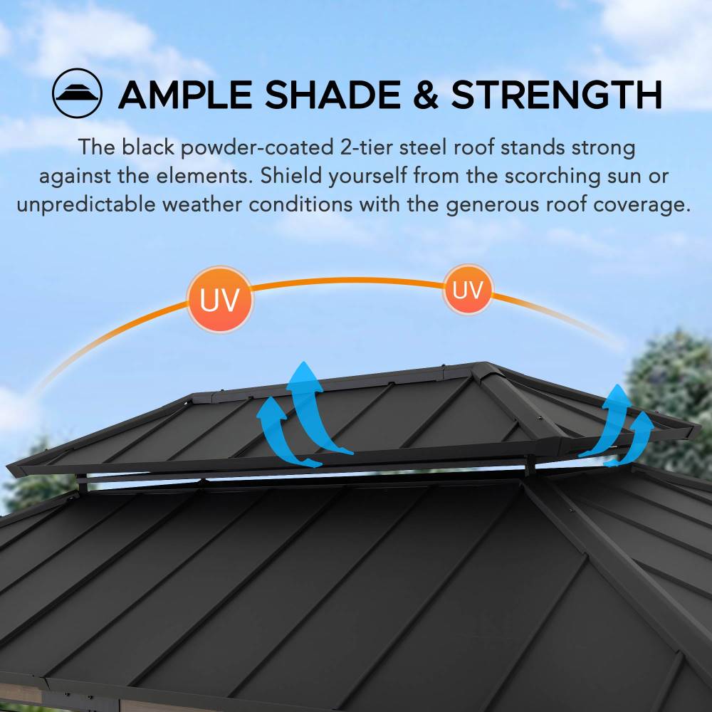 SUNJOY 8' x 12' Grill Gazebo, Wood Frame Hardtop Gazebo with Electrical Outlets and Shelves
