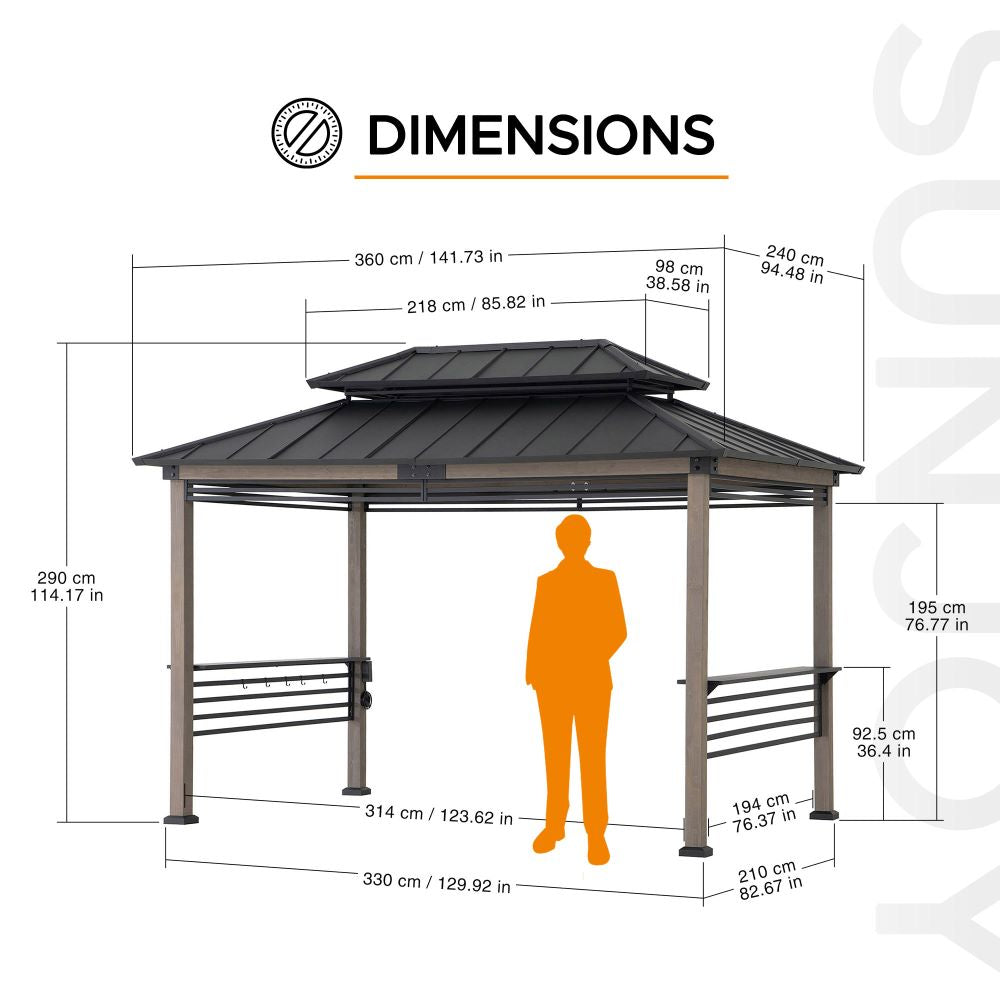 SUNJOY 8' x 12' Grill Gazebo, Wood Frame Hardtop Gazebo with Electrical Outlets and Shelves