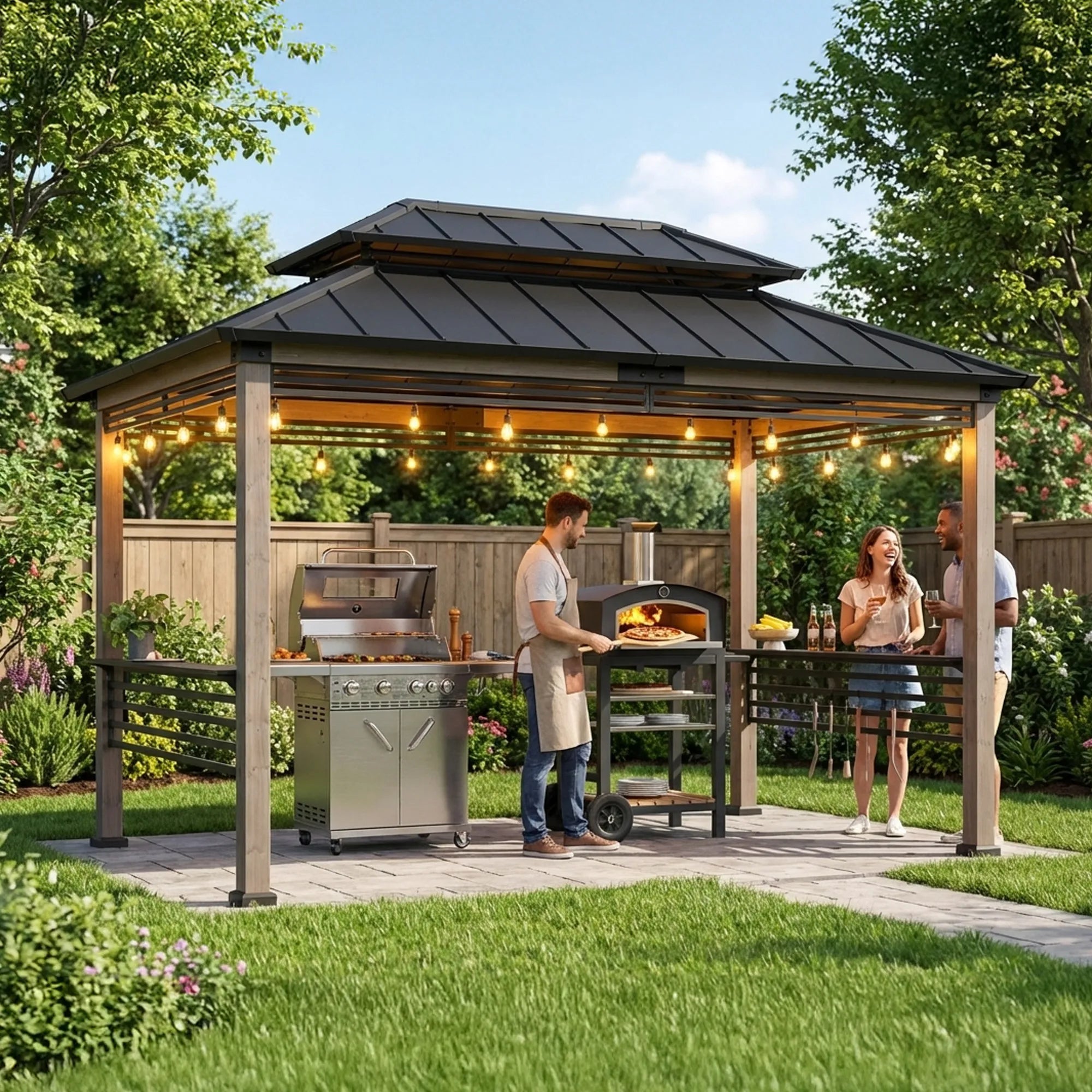 SUNJOY 8x12 Wood Frame Grill Gazebo with Electrical Outlets, Fence and Shelves - Black