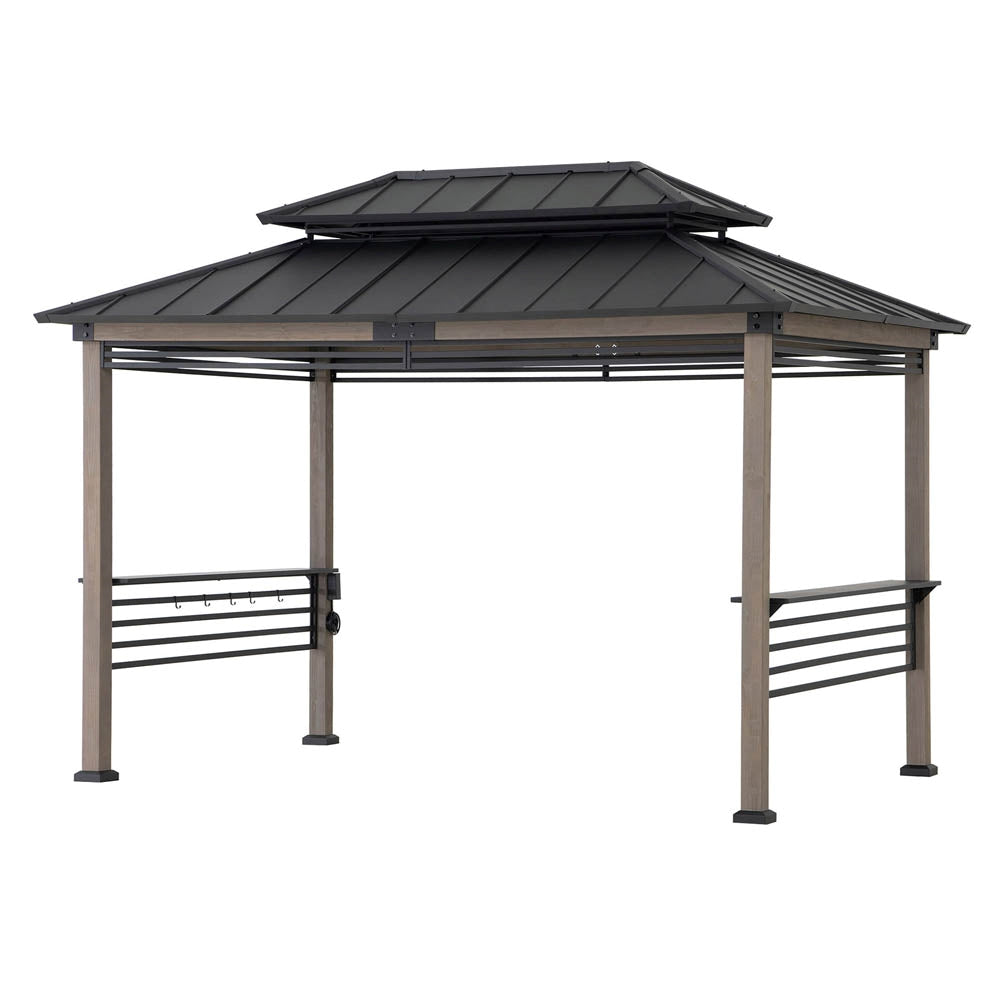Sunjoy Grill Gazebo, 8' x 12' Wood Frame Hardtop Gazebo with Electrical Outlets and Shelves.