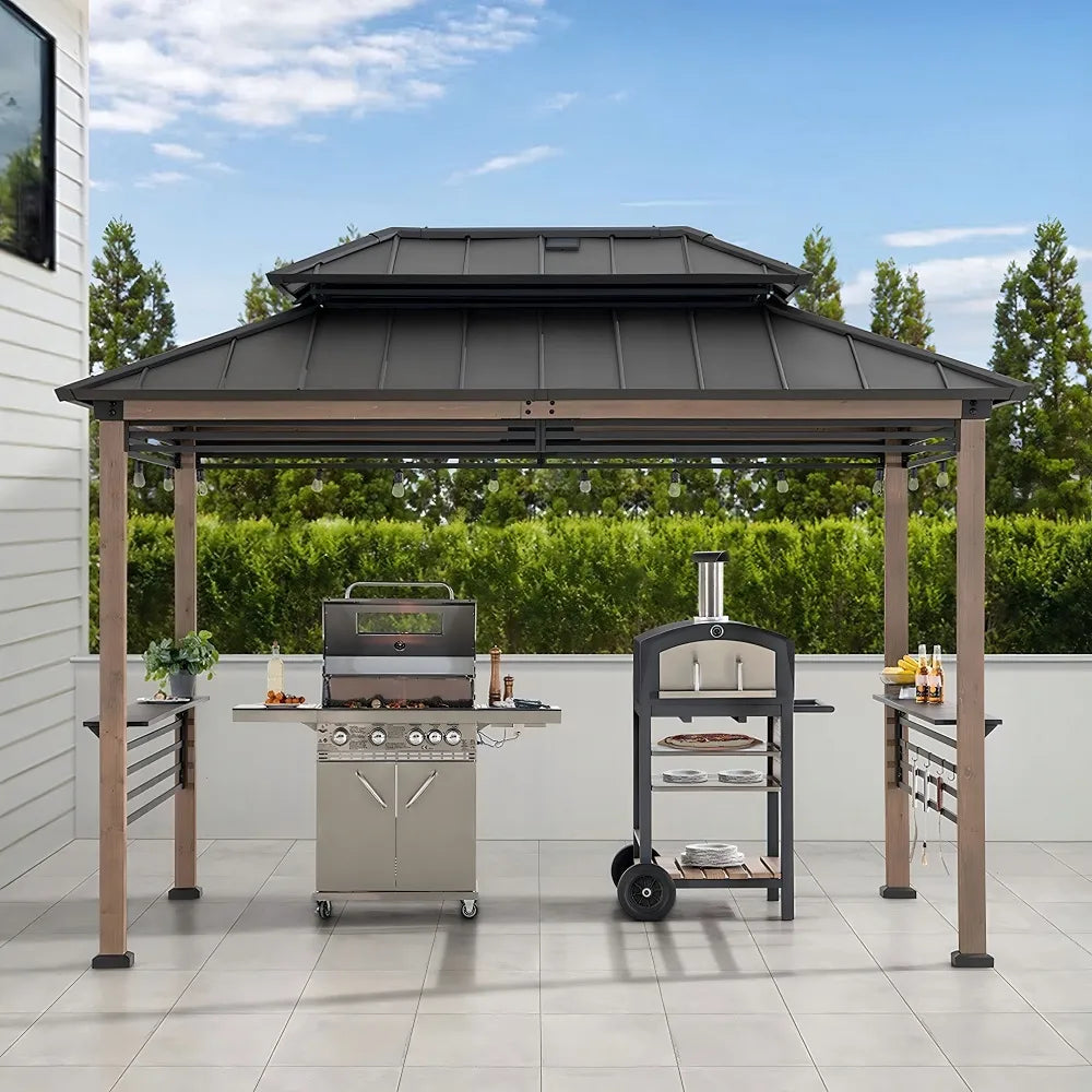 SUNJOY 8x12 Cedar Frame Grill Gazebo with Solar Power, Fence and Shelves - Brown