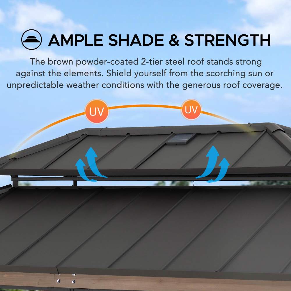 SUNJOY Grill Gazebo, 8x12 Cedar Frame Hardtop Gazebo with Solar Power and Shelves