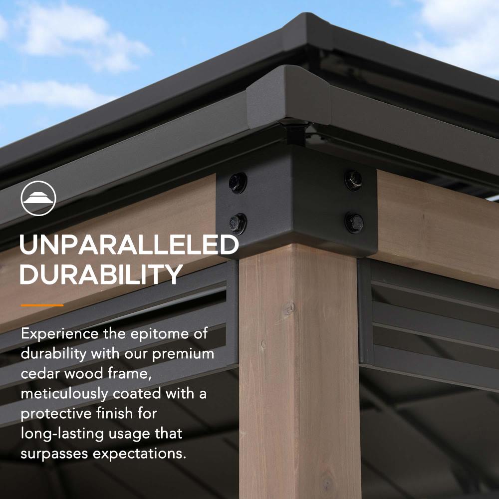 SUNJOY Grill Gazebo, 8x12 Cedar Frame Hardtop Gazebo with Solar Power and Shelves