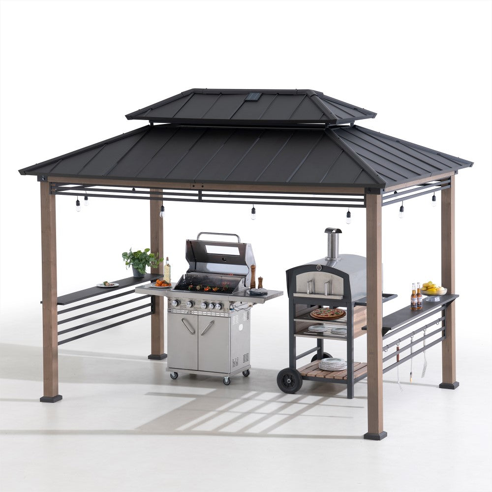SUNJOY Grill Gazebo, 8x12 Cedar Frame Hardtop Gazebo with Solar Power and Shelves