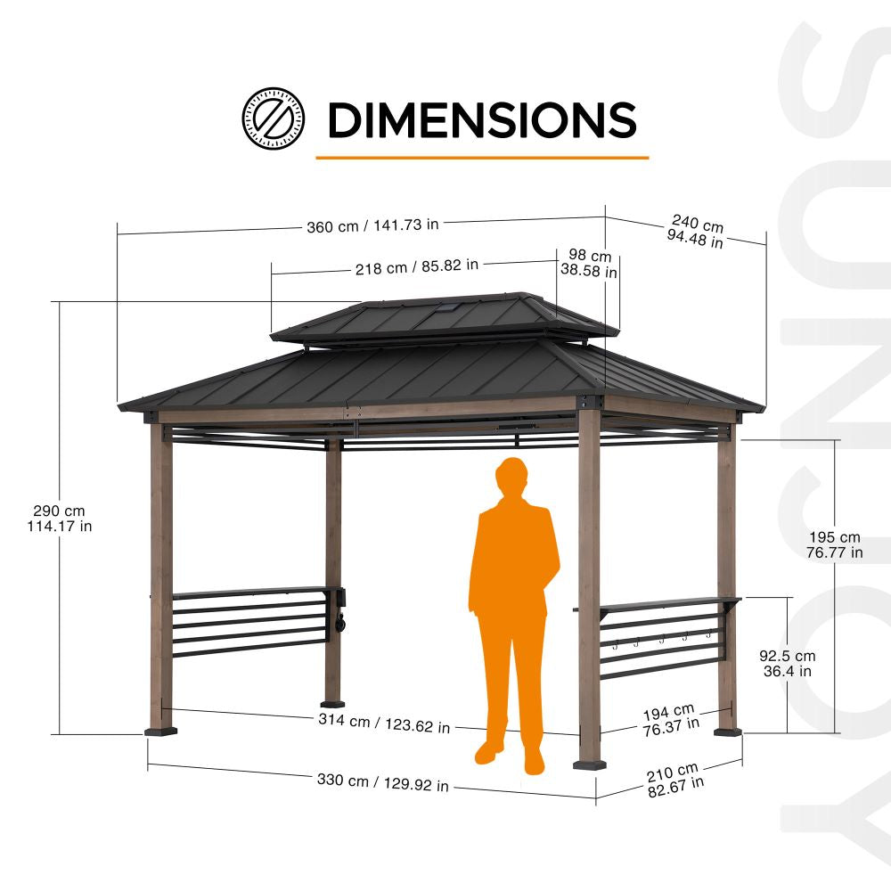 SUNJOY Grill Gazebo, 8x12 Cedar Frame Hardtop Gazebo with Solar Power and Shelves