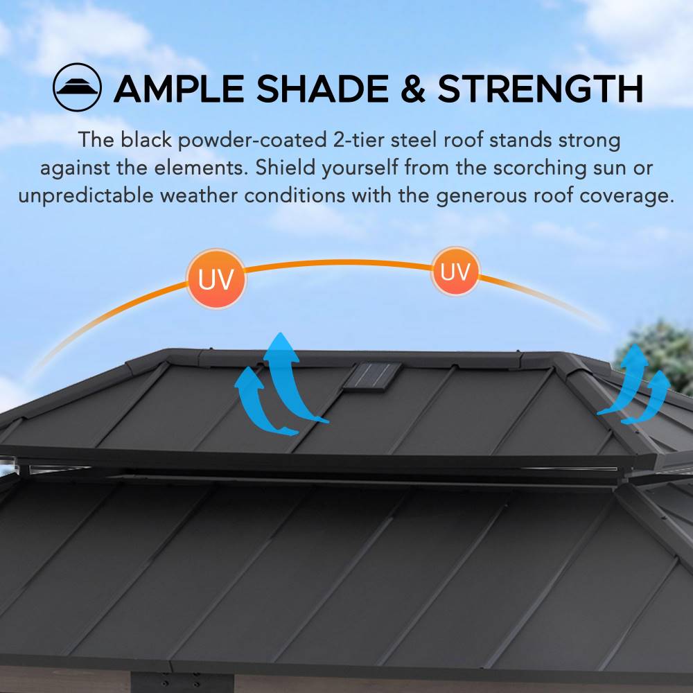 SUNJOY Grill Gazebo, 8x12 Cedar Frame Hardtop Gazebo with Solar Power and Shelves