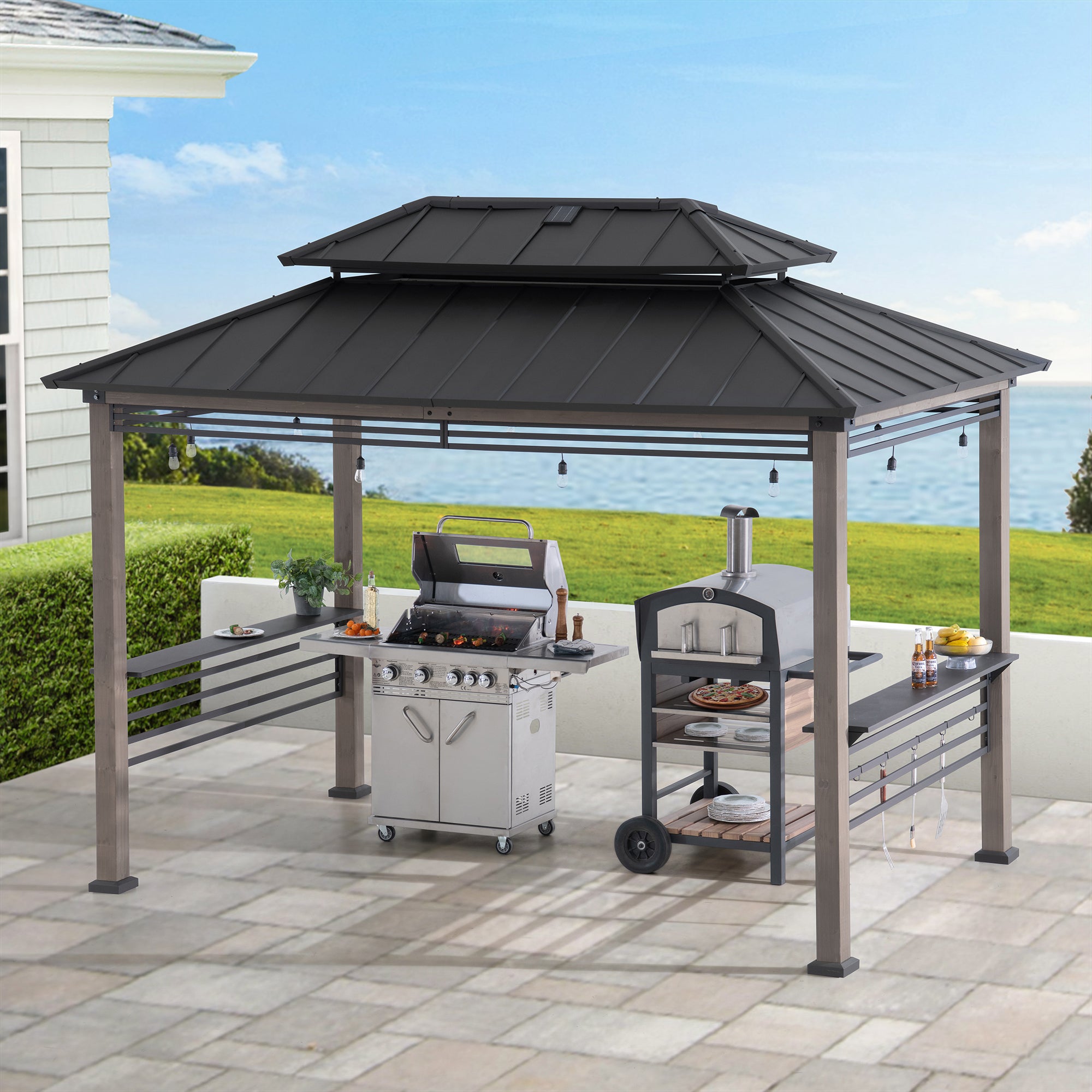 SUNJOY Grill Gazebo, 8x12 Cedar Frame Hardtop Gazebo with Solar Power and Shelves