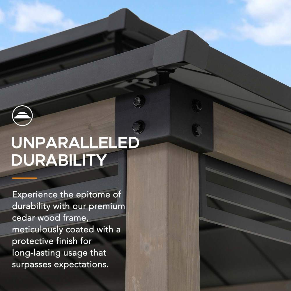 SUNJOY Grill Gazebo, 8x12 Cedar Frame Hardtop Gazebo with Solar Power and Shelves