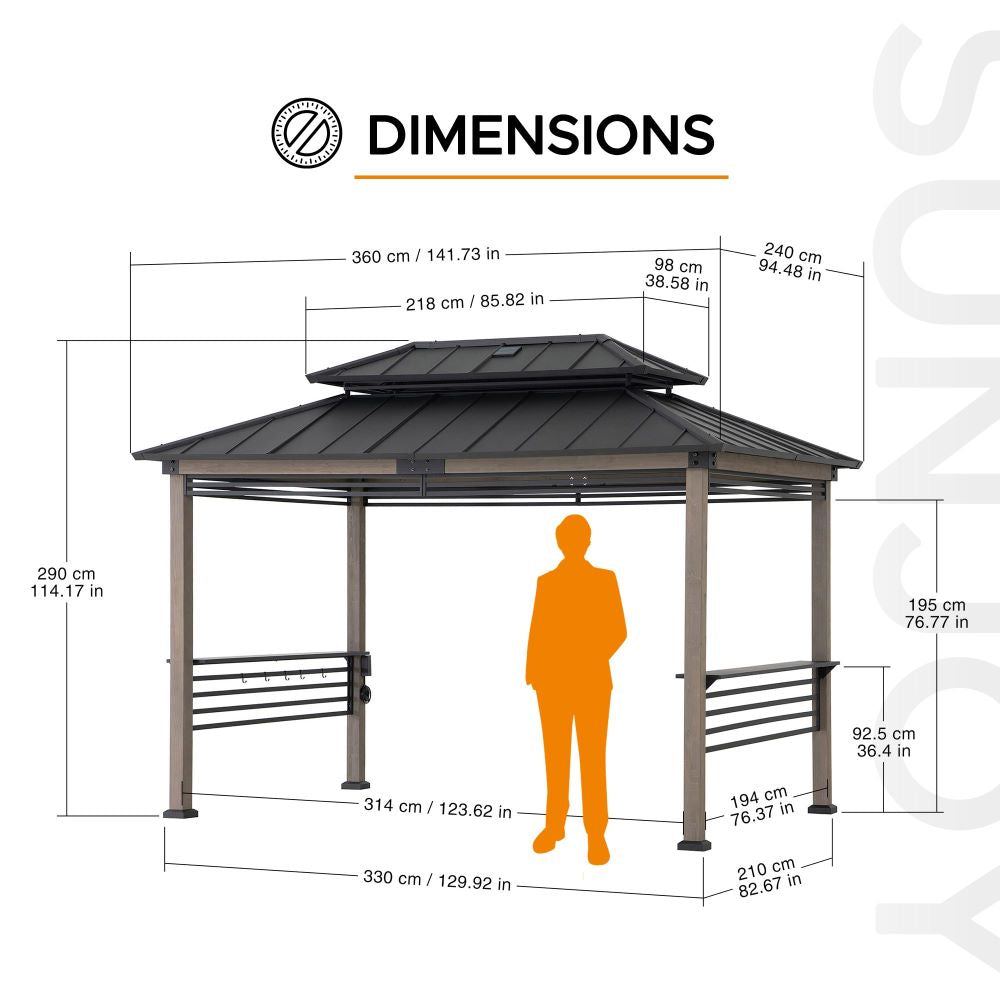 SUNJOY Grill Gazebo, 8x12 Cedar Frame Hardtop Gazebo with Solar Power and Shelves