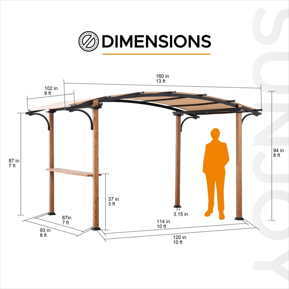SUNJOY Outdoor Patio 9x13 Modern Tan Metal Arched Pergola Kit with Bar Shelf