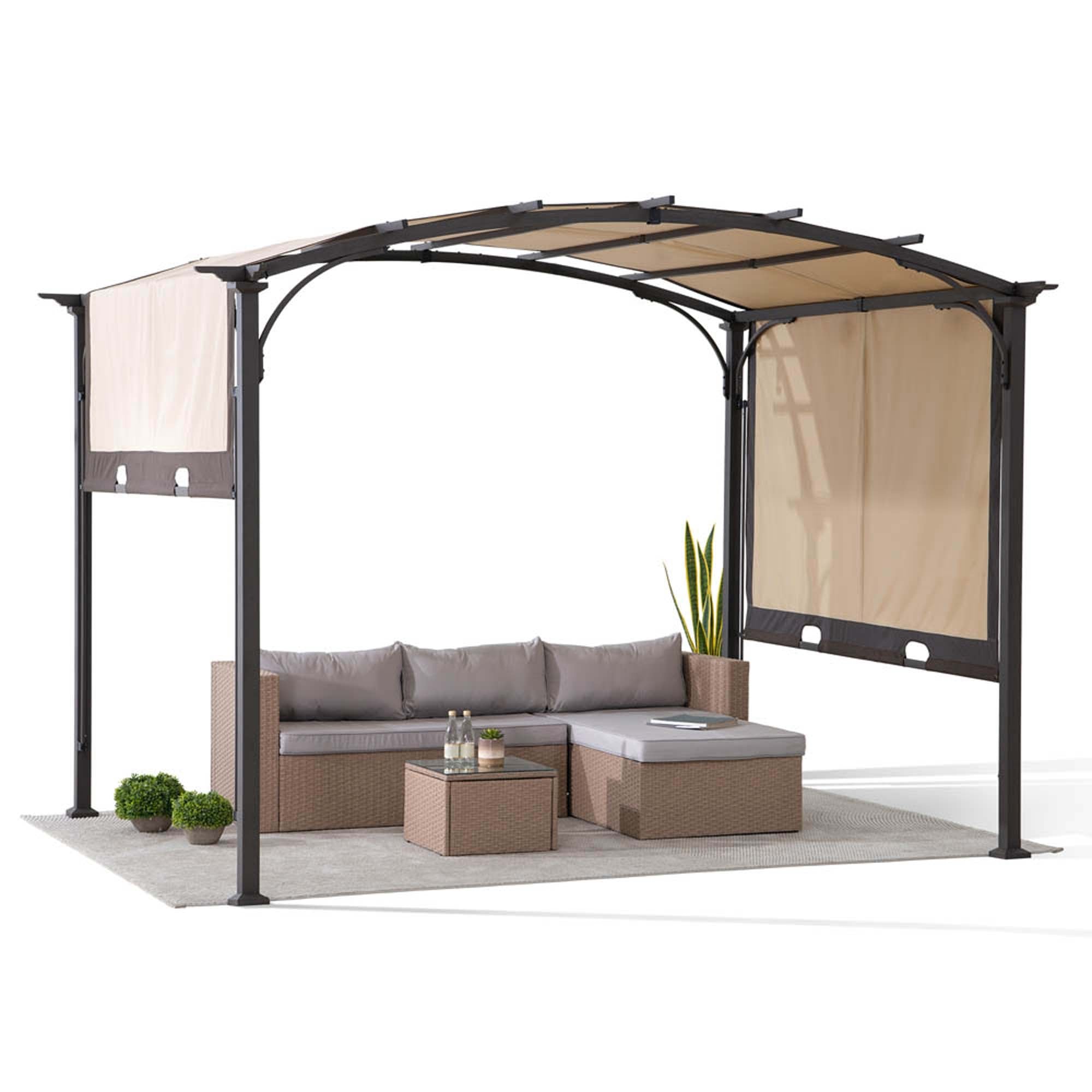 SUNJOY Outdoor Patio 9.5x11 Modern Tan Metal Arched Pergola Kit with Adjustable Canopy