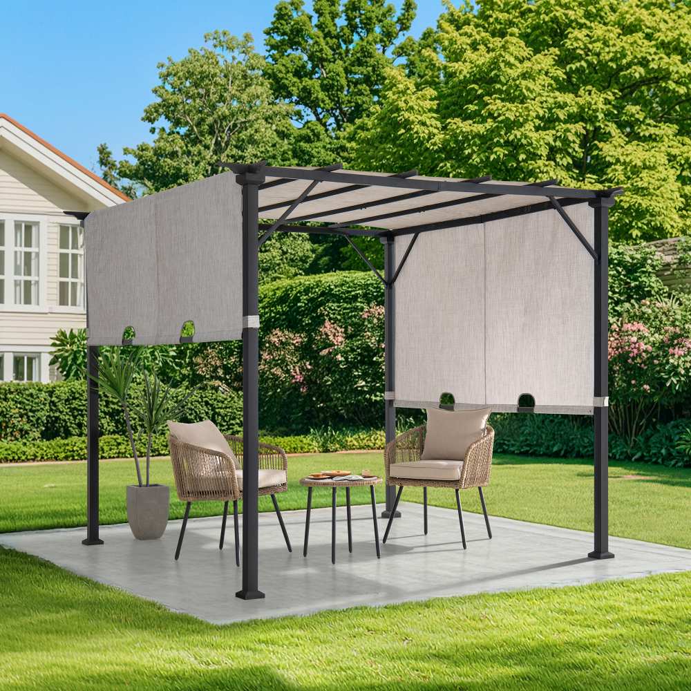 SUNJOY 9x9 Matte Black Steel Frame Pergola with Adjustable Canopy Roof