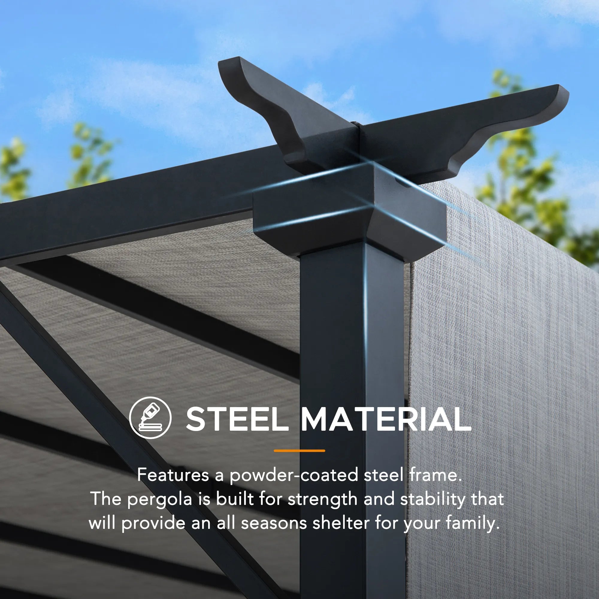 SUNJOY 9x9 Matte Black Steel Frame Pergola with Adjustable Canopy Roof - Gray