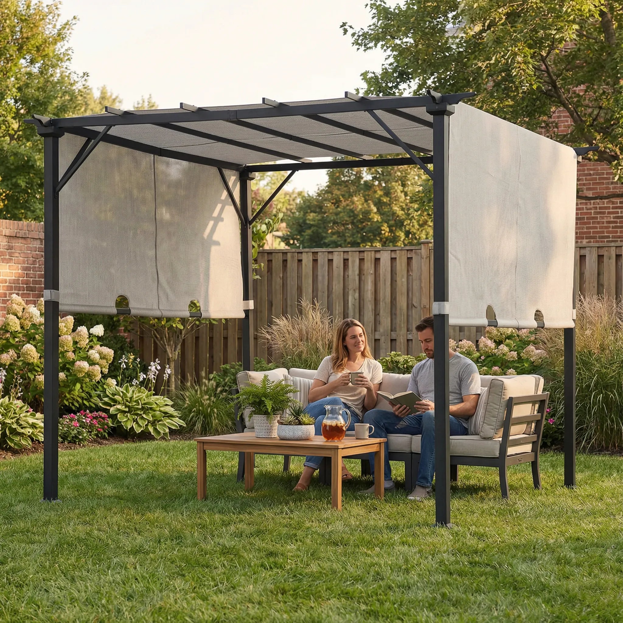 SUNJOY 9x9 Matte Black Steel Frame Pergola with Adjustable Canopy Roof - White