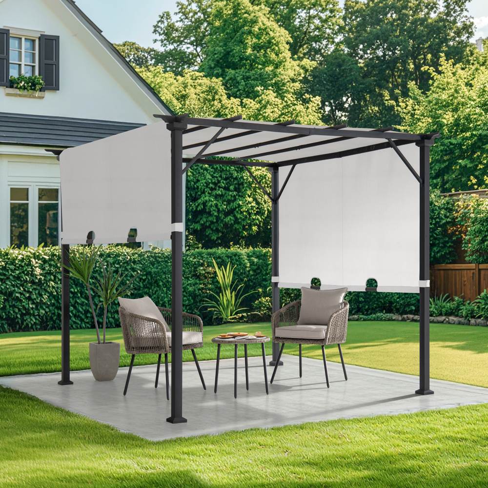 SUNJOY 9x9 Matte Black Steel Frame Pergola with Adjustable Canopy Roof
