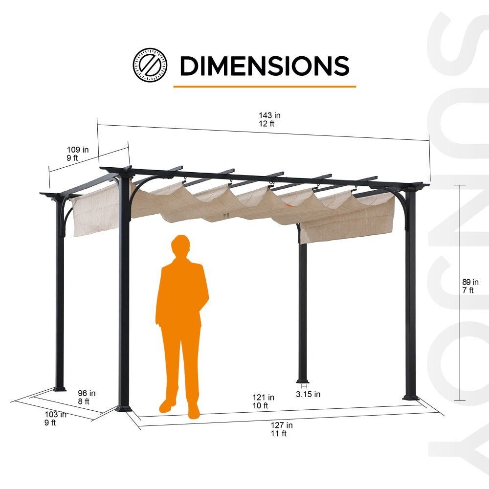 SUNJOY 9x12 Black Steel Frame Pergola Kit with Retractable Beige Canopy Shade