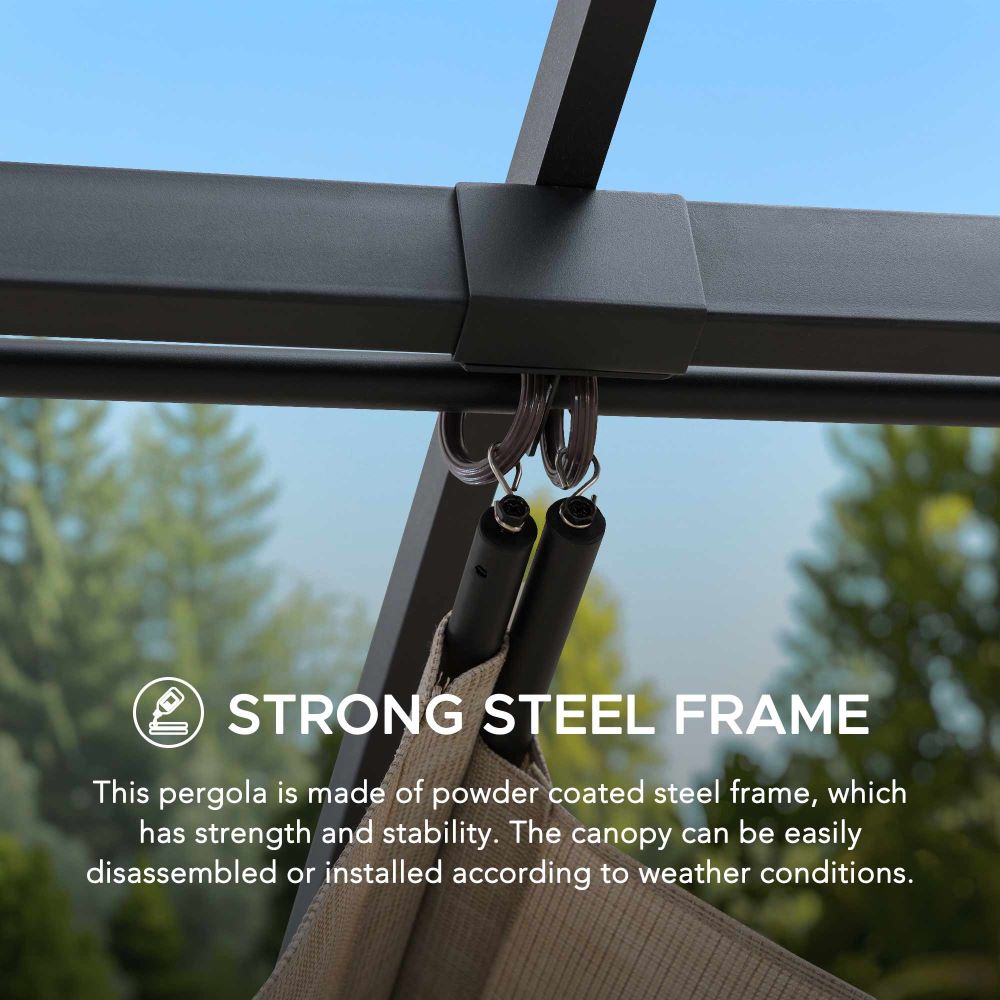 SUNJOY 9x12 Black Steel Frame Pergola Kit with Retractable Beige Canopy Shade