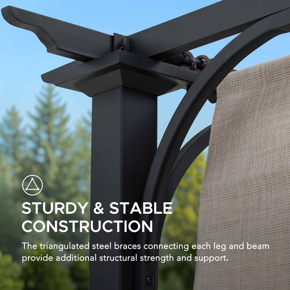 SUNJOY 9x12 Black Steel Frame Pergola Kit with Retractable Beige Canopy Shade