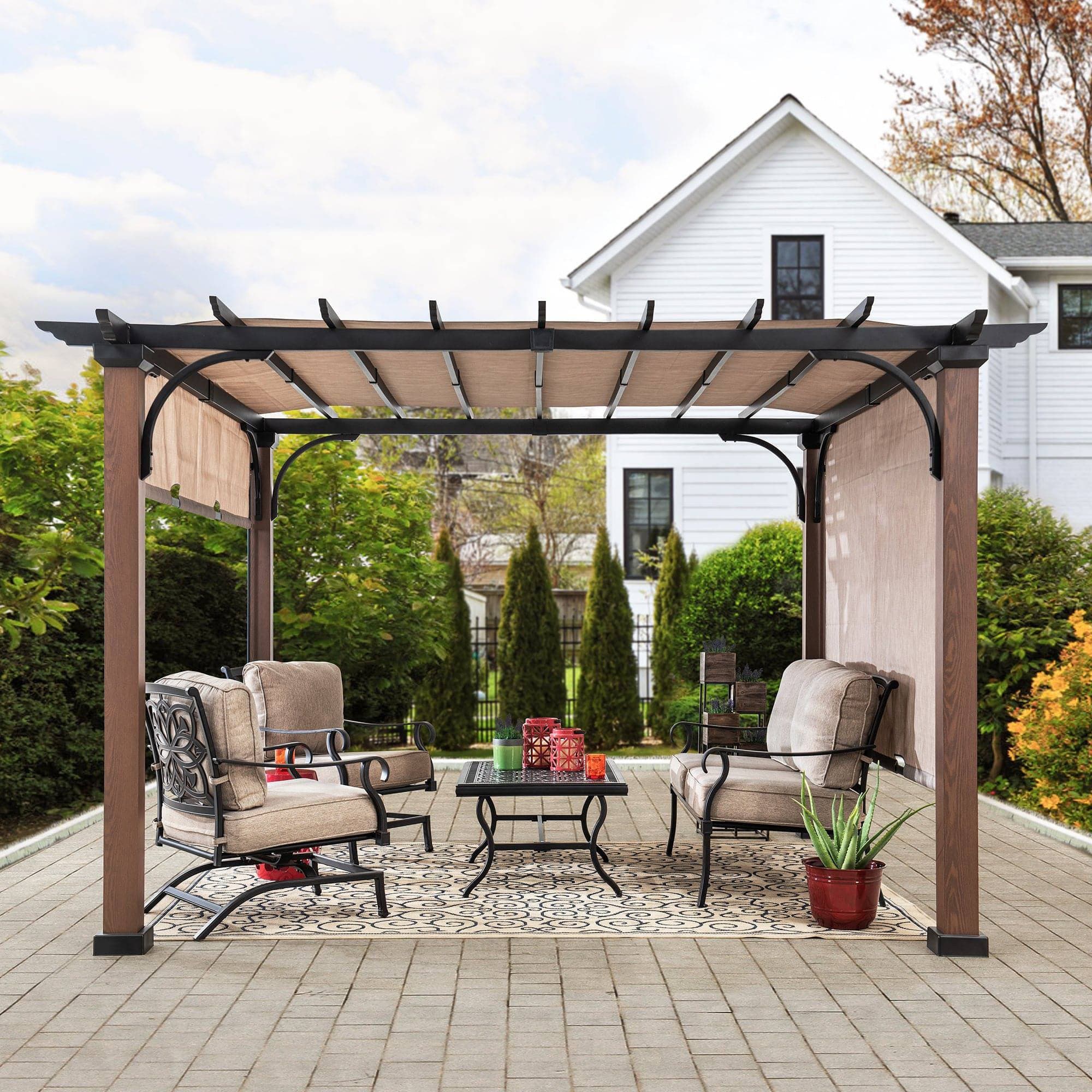 SUNJOY Outdoor Patio 11x11 Modern Metal Pergola Kit with Natural Wood Looking Finish and Tan Adjustable Canopy