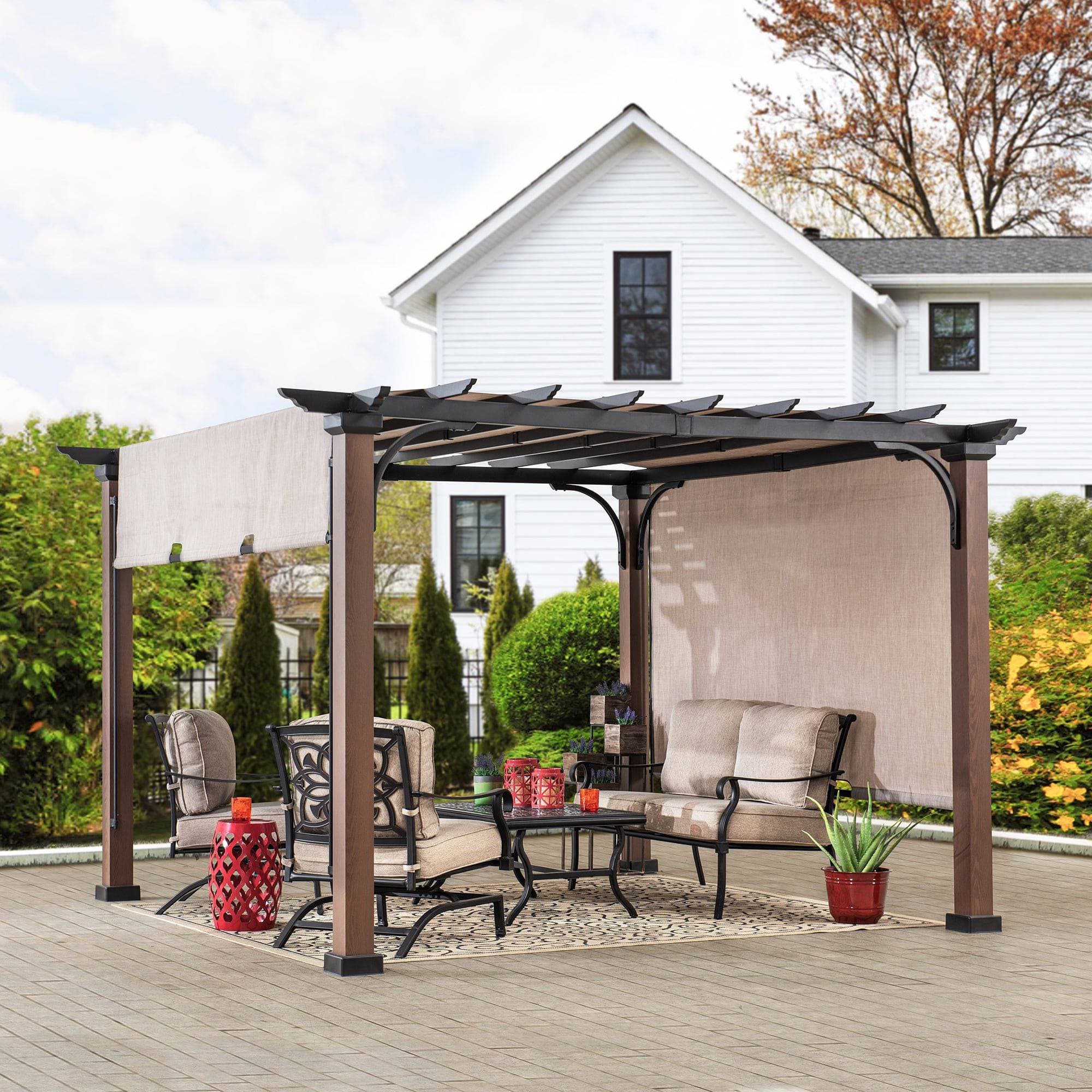 SUNJOY Outdoor Patio 11x11 Modern Metal Pergola Kit with Natural Wood Looking Finish and Tan Adjustable Canopy