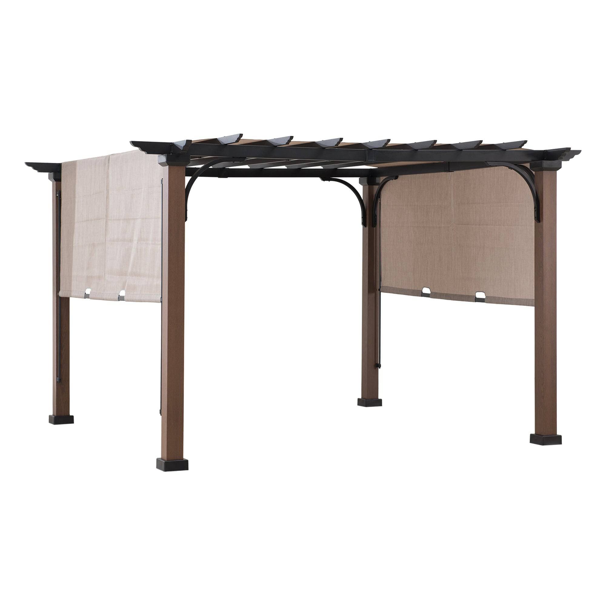 SUNJOY Outdoor Patio 11x11 Modern Metal Pergola Kit with Natural Wood Looking Finish and Tan Adjustable Canopy