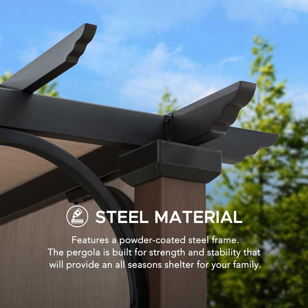 SUNJOY Outdoor Patio 11x11 Modern Metal Pergola Kit with Natural Wood Looking Finish and Tan Adjustable Canopy