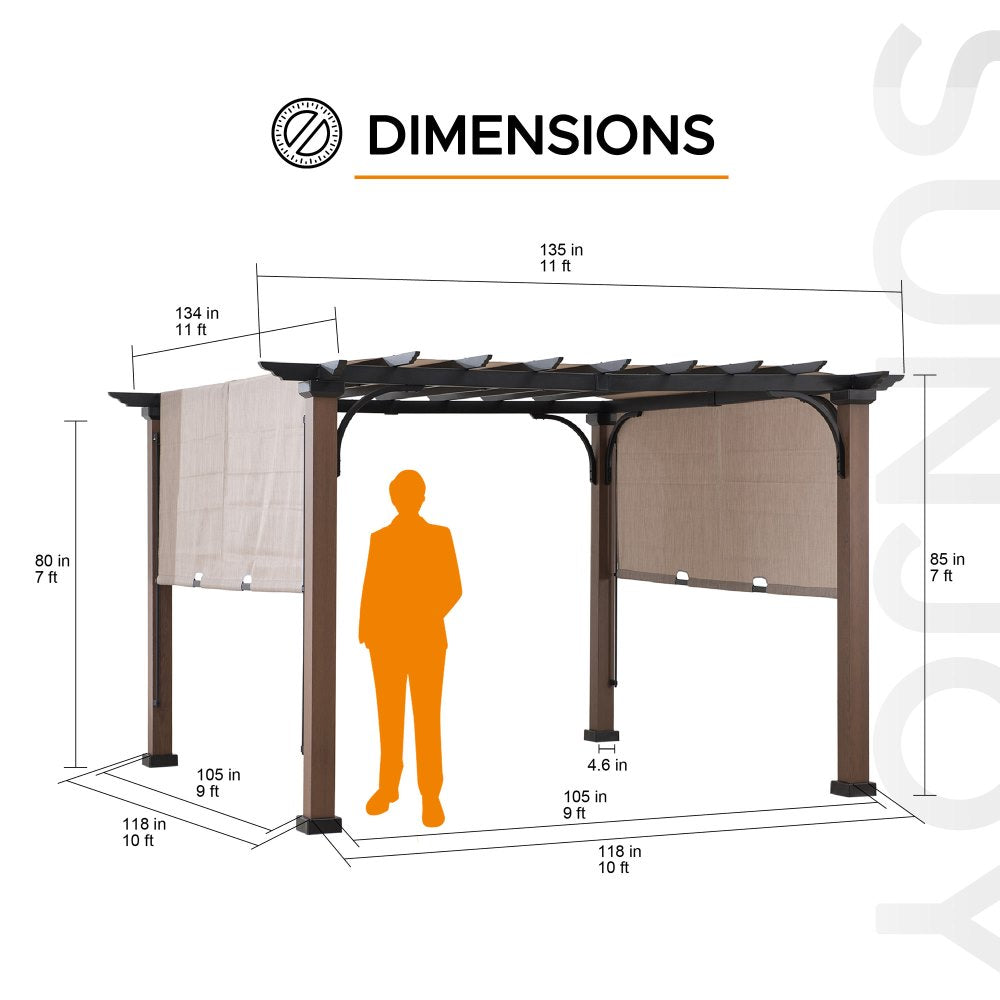 SUNJOY Outdoor Patio 11x11 Modern Metal Pergola Kit with Natural Wood Looking Finish and Tan Adjustable Canopy