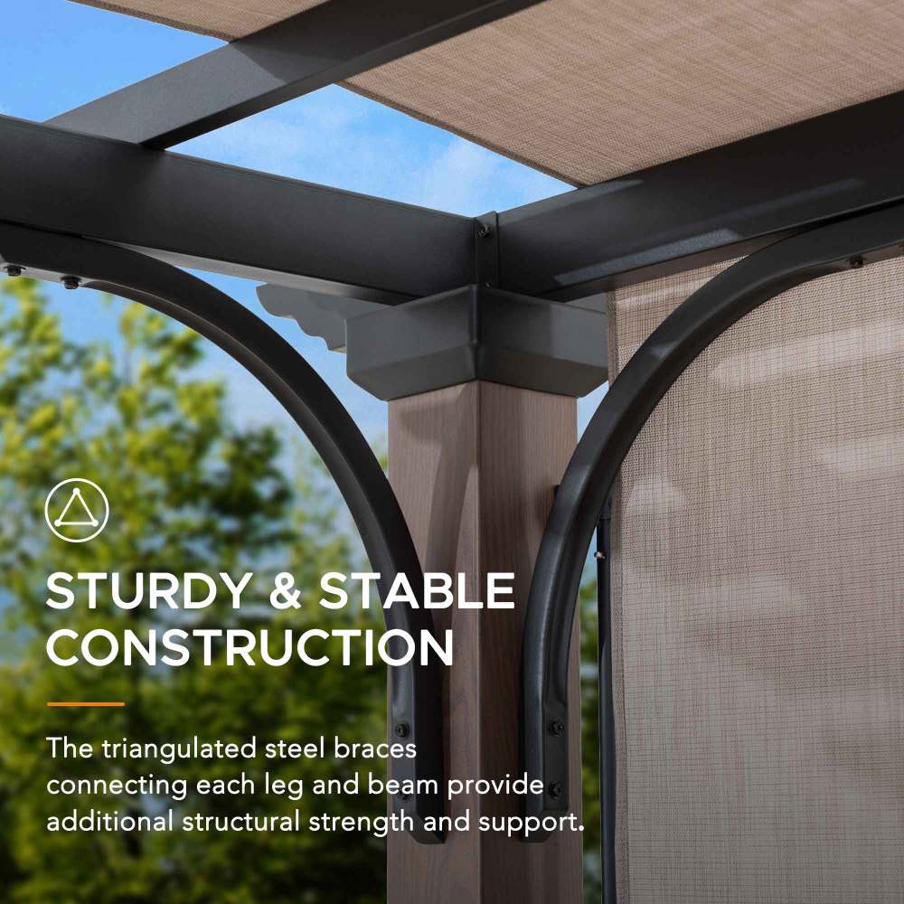 SUNJOY Outdoor Patio 11x11 Modern Metal Pergola Kit with Natural Wood Looking Finish and Tan Adjustable Canopy