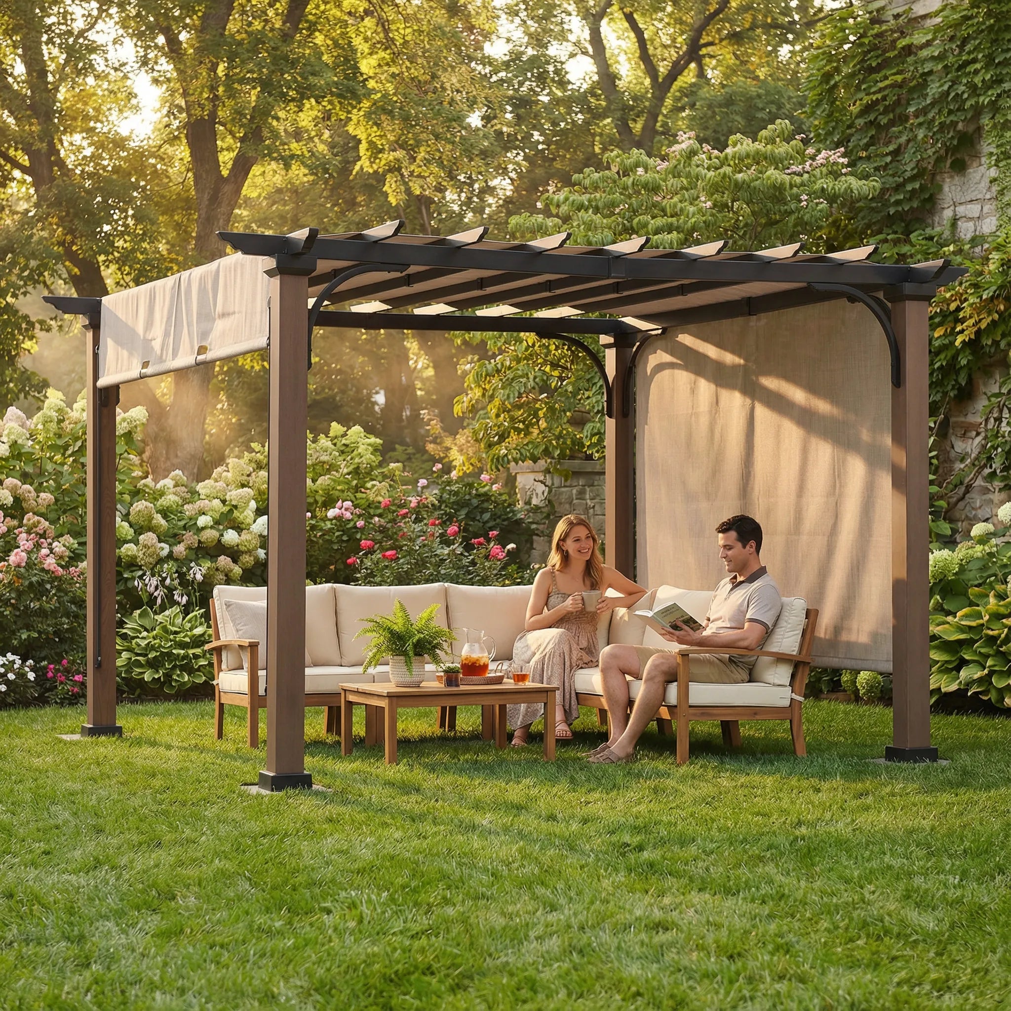 SUNJOY Outdoor Patio 11x11 Modern Metal Pergola Kit with Natural Wood Looking Finish and Tan Adjustable Canopy