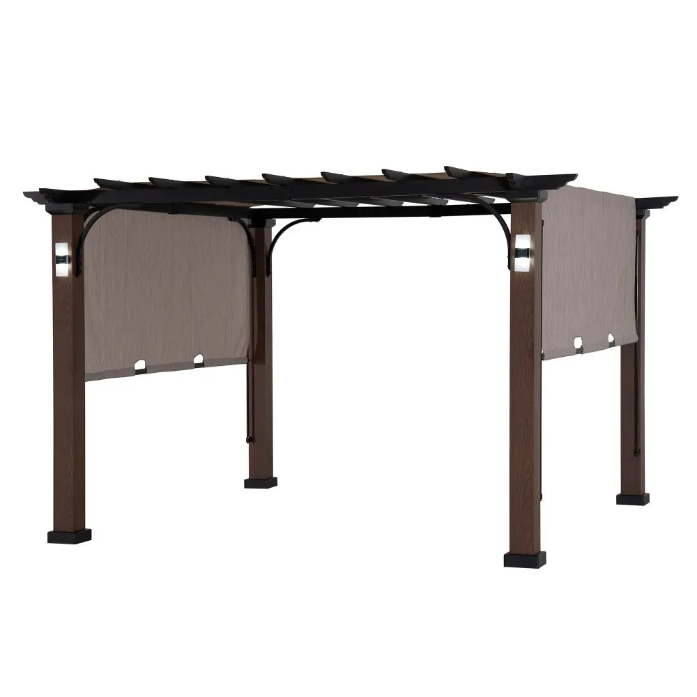 SUNJOY 11x11 Outdoor Patio Modern Pergola Kit with Solar Accent Lights and Tan Adjustable Canopy for Shade
