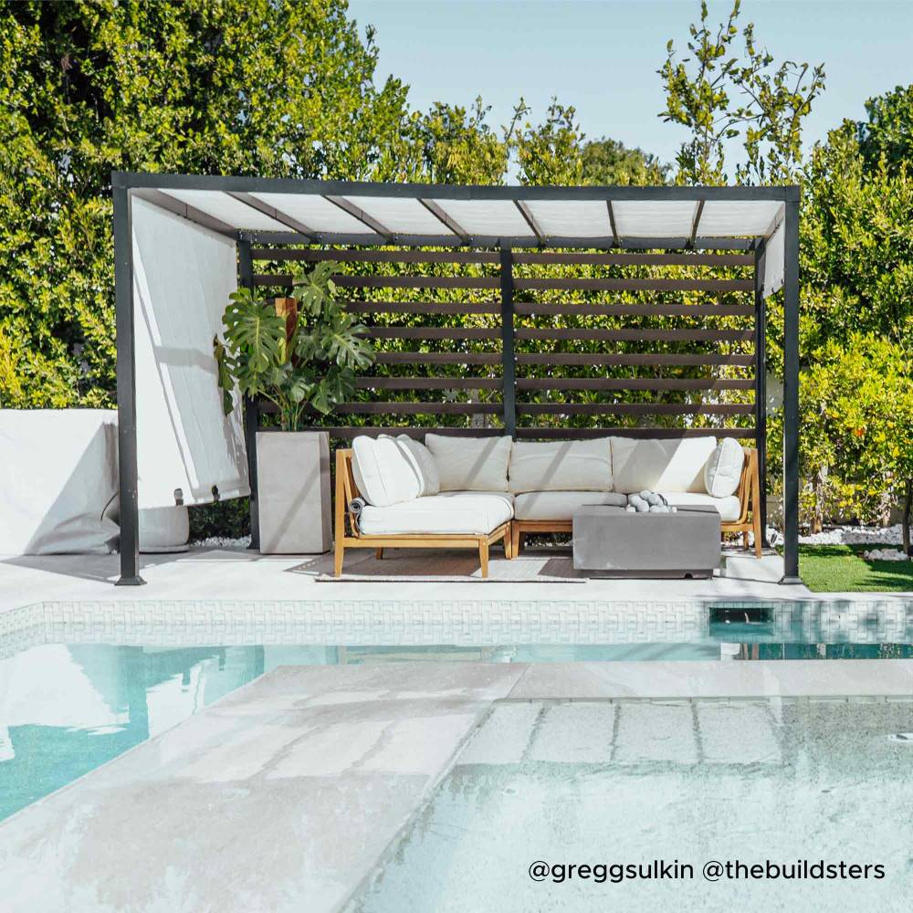 SUNJOY 10x12 Steel Pergola Kit with White Adjustable Canopy.