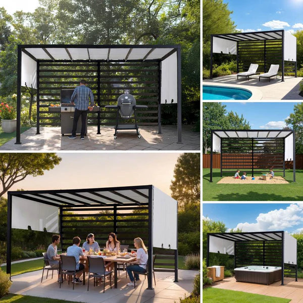 SUNJOY 10x12 Modern Steel Pergola Kit with White Adjustable Canopy and Privacy Wall