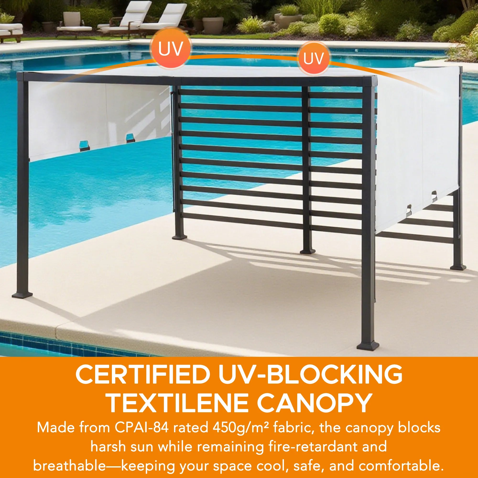 SUNJOY 10x12 Steel Pergola Kit with White Adjustable Canopy.