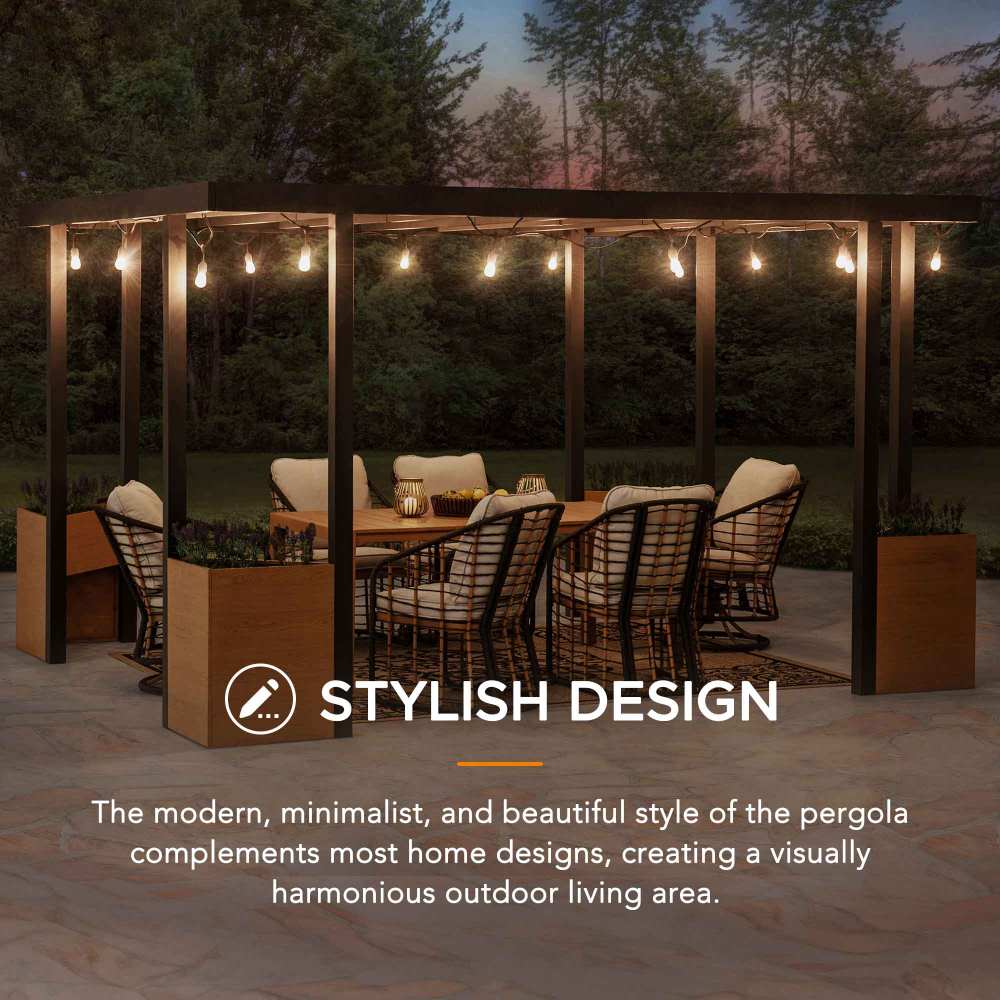 SUNJOY Outdoor Patio Black 10x12 Modern Metal Pergola Kit with Planters