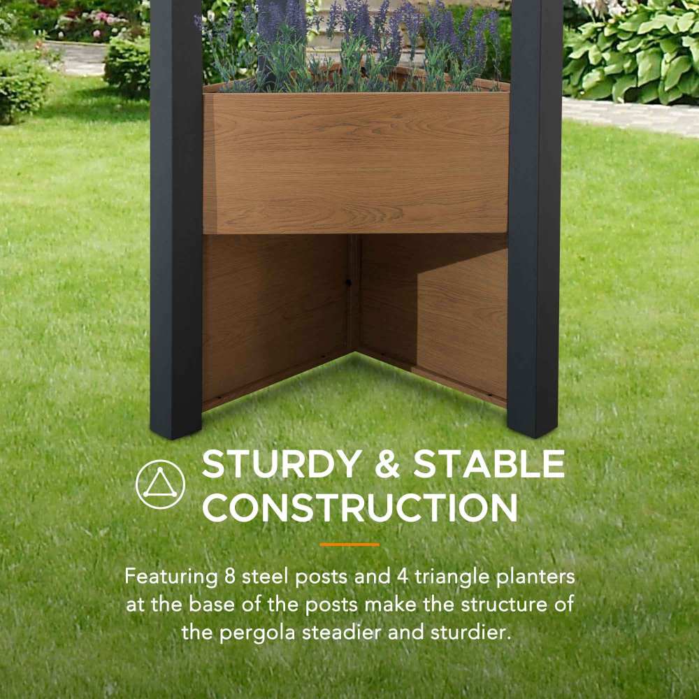 SUNJOY Outdoor Patio Black 10x12 Modern Metal Pergola Kit with Planters