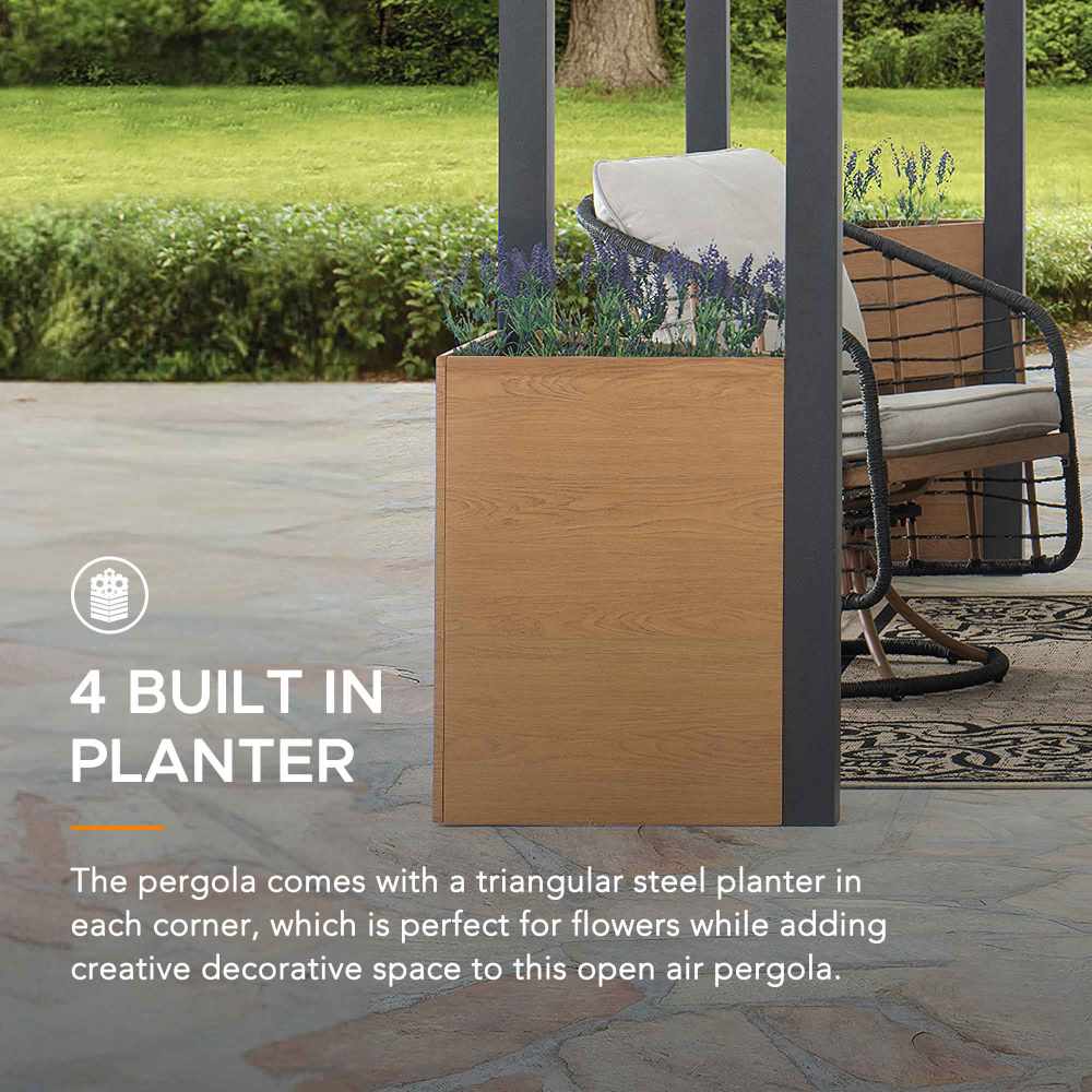 SUNJOY Outdoor Patio Black 10x12 Modern Metal Pergola Kit with Planters