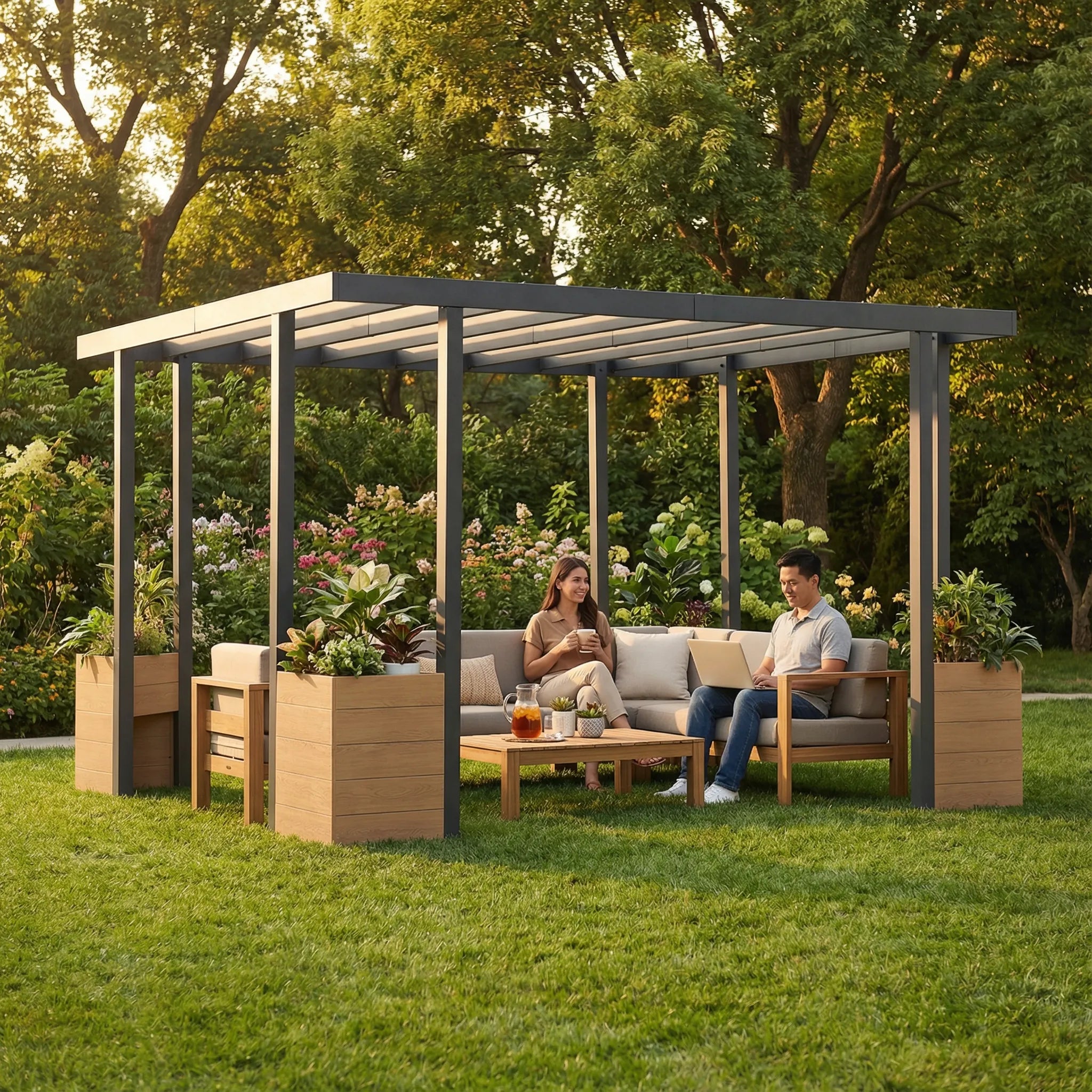 SUNJOY Outdoor Patio Black 10x12 Modern Metal Pergola Kit with Planters