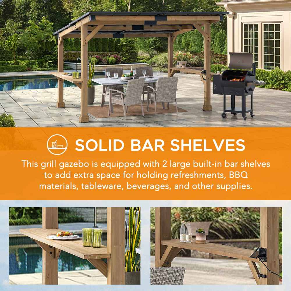 SUNJOY 10x12 Gazebo, Outdoor Patio Wooden Frame Grill Gazebo Backyard BBQ / Hot Tub Gazebo with Steel Roof, Power Port and Bar Shelves