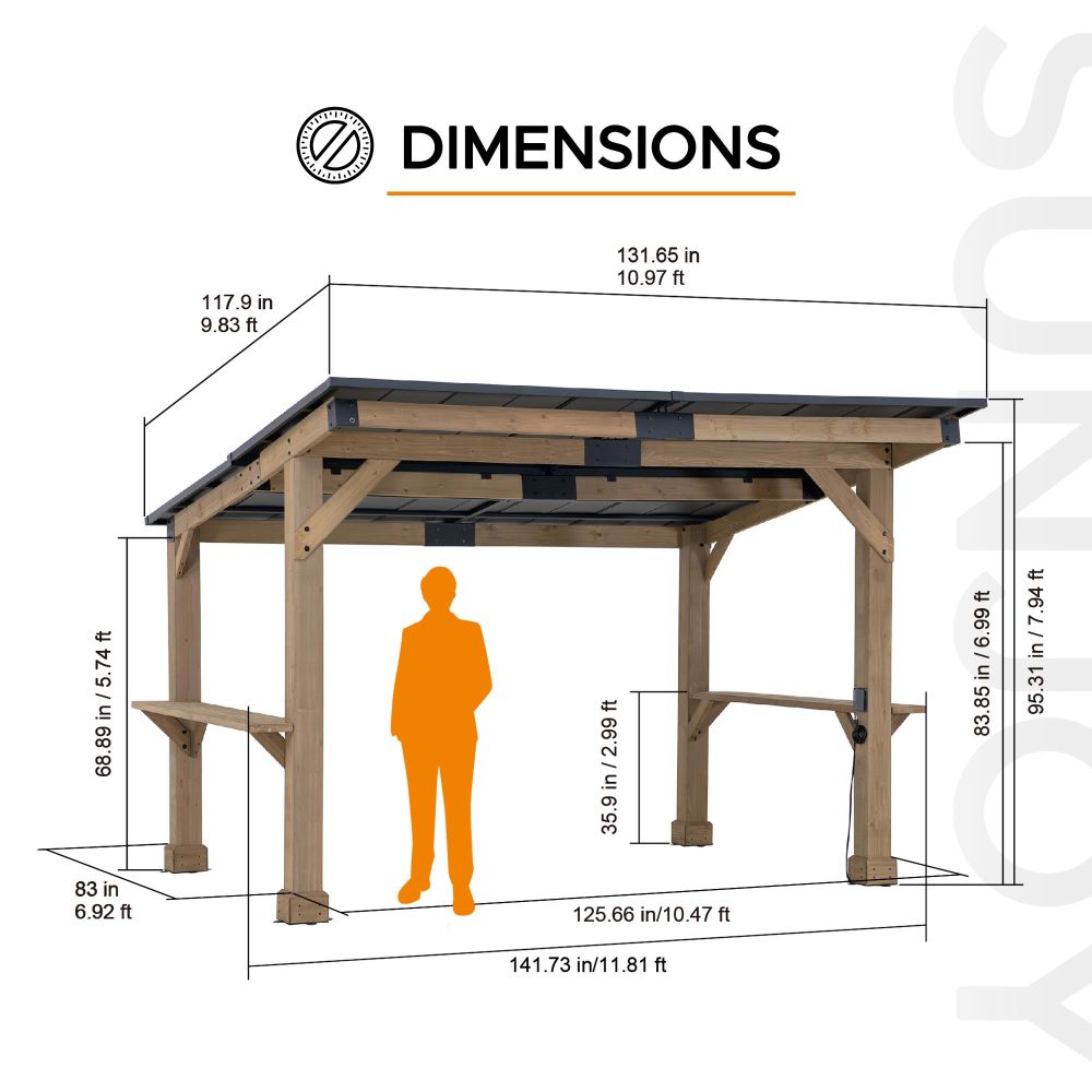 SUNJOY 10x12 Gazebo, Outdoor Patio Wooden Frame Grill Gazebo Backyard BBQ / Hot Tub Gazebo with Steel Roof, Power Port and Bar Shelves