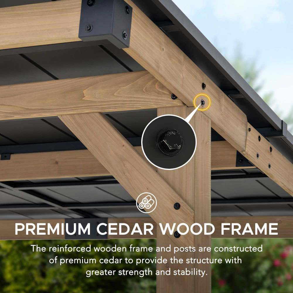 SUNJOY 10x12 Gazebo, Outdoor Patio Wooden Frame Grill Gazebo Backyard BBQ / Hot Tub Gazebo with Steel Roof, Power Port and Bar Shelves