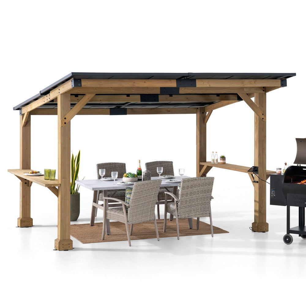 SUNJOY 10x12 Gazebo, Outdoor Patio Wooden Frame Grill Gazebo Backyard BBQ / Hot Tub Gazebo with Steel Roof, Power Port and Bar Shelves