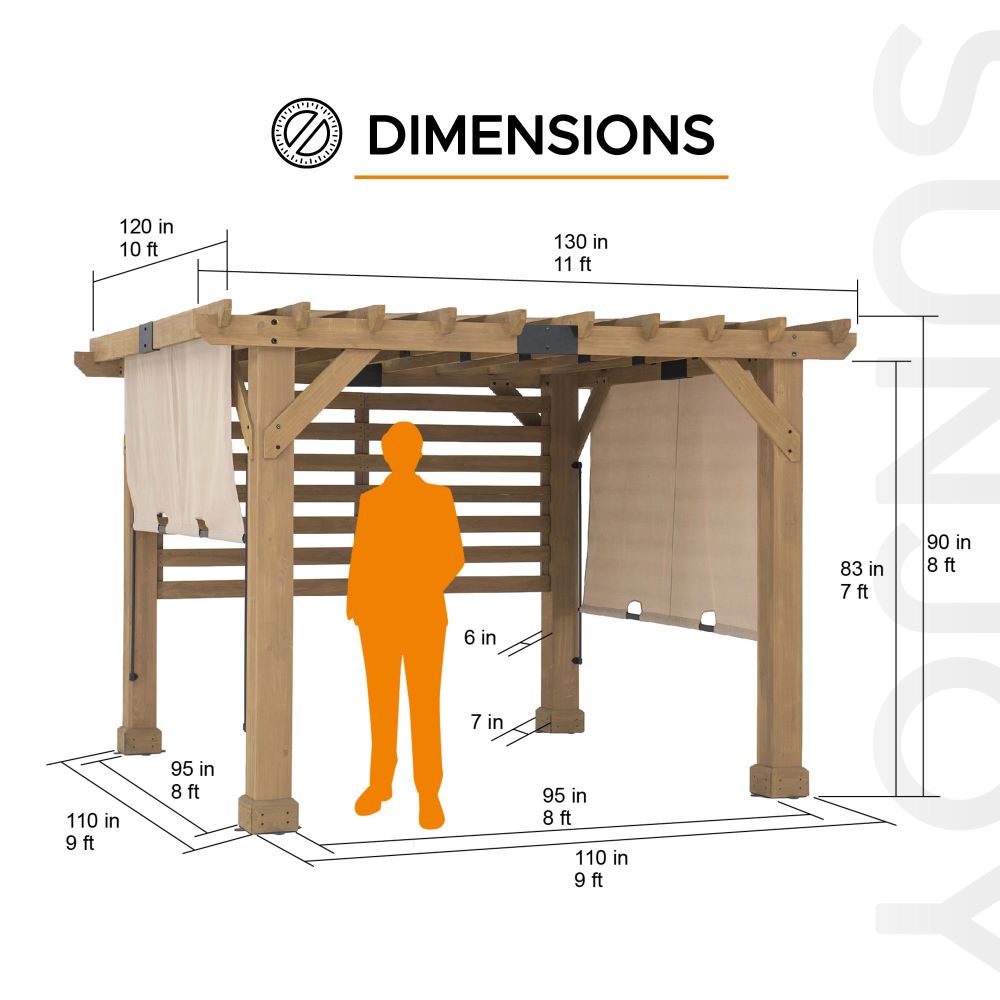 SUNJOY Outdoor Patio 10x11 Modern Wooden Frame Privacy Screen Hot Tub Pergola Kit with Tan Adjustable Canopy
