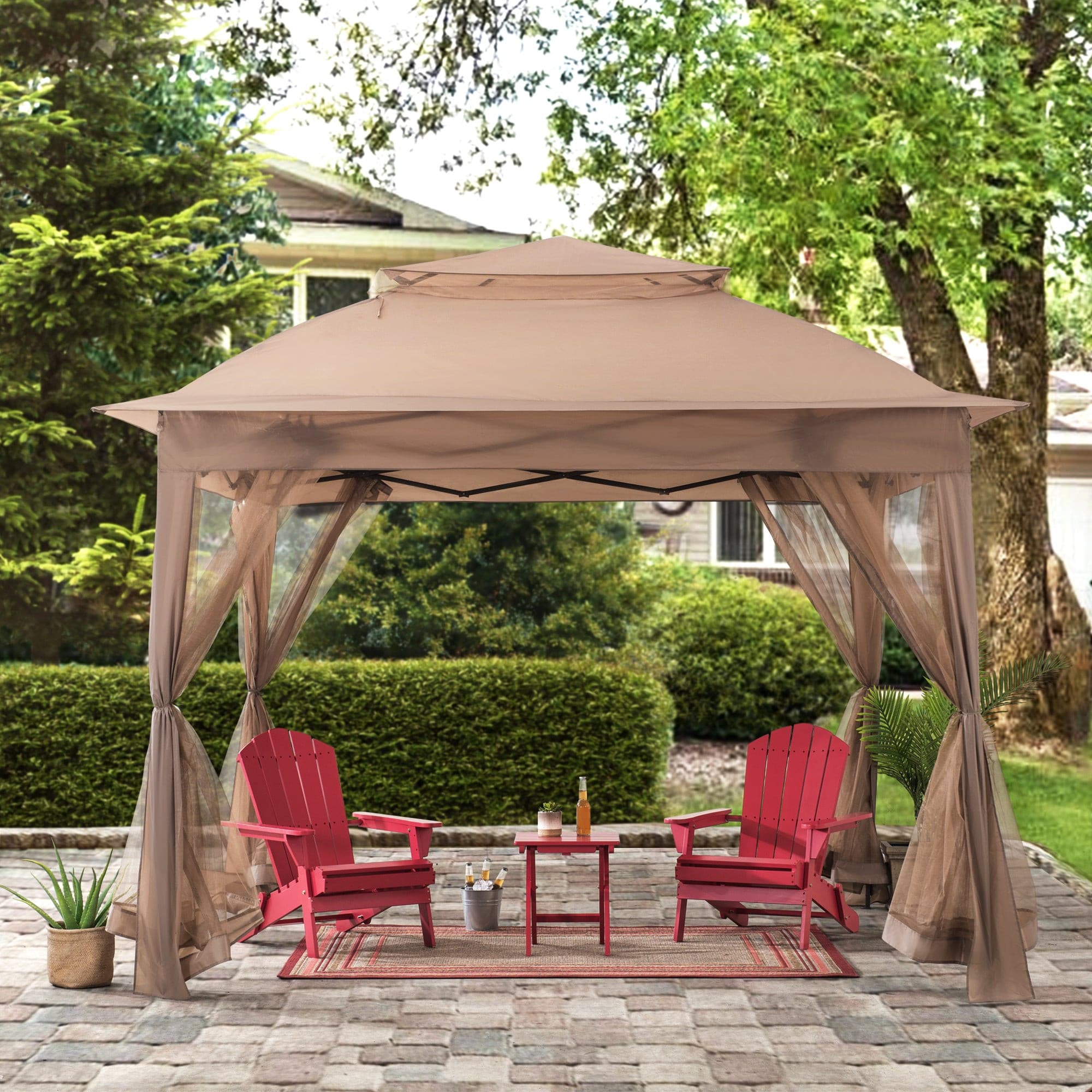 SUNJOY 11x11 Pop Up Gazebo, Outdoor Patio Steel Gazebo, 2-Tier Backyard Portable Gazebo with Netting